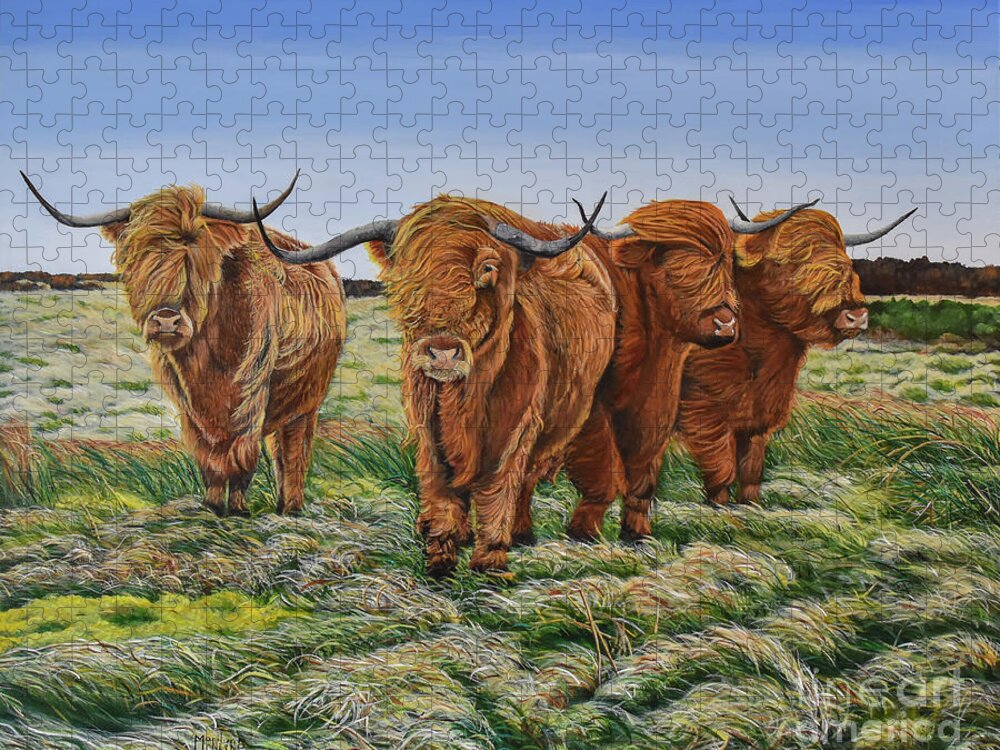 Cattle Jigsaw Puzzle featuring the painting Windswept Highland Cattle by Marilyn McNish