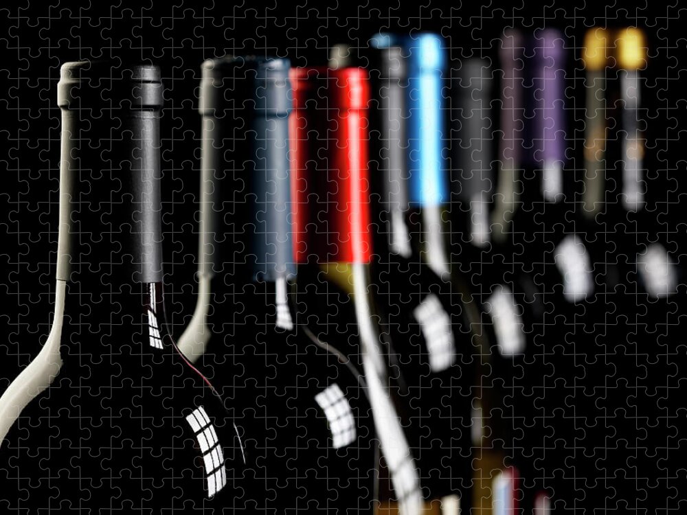 Alcohol Jigsaw Puzzle featuring the photograph Wine Bottles In A Row On Black by Hirkophoto