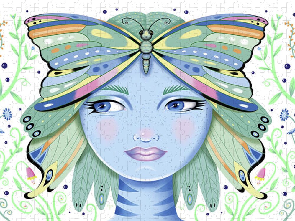 Fantasy Jigsaw Puzzle featuring the digital art Insect Girl, Winga - Oblong White by Valerie White
