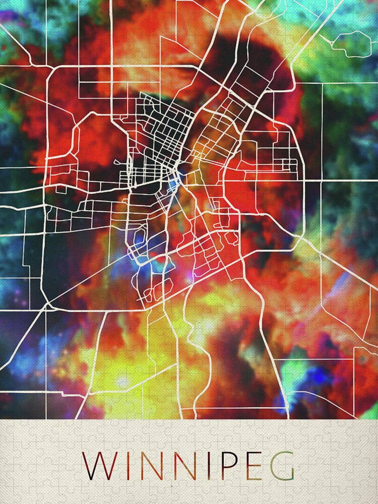 Winnipeg Jigsaw Puzzle featuring the mixed media Winnipeg Manitoba Canada Watercolor City Street Map by Design Turnpike