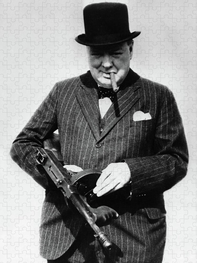 Winston Churchill Jigsaw Puzzle featuring the painting Winston Churchill with Tommy Gun by English School