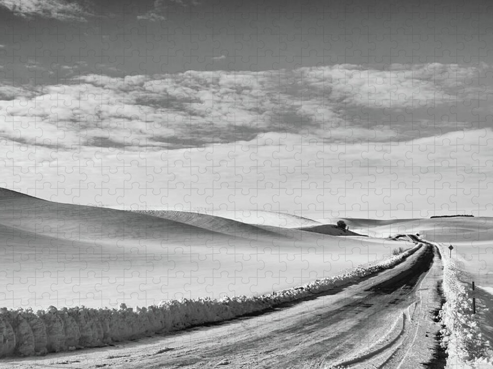 Winter Jigsaw Puzzle featuring the photograph Winter Country Road Black and White by Tatiana Travelways