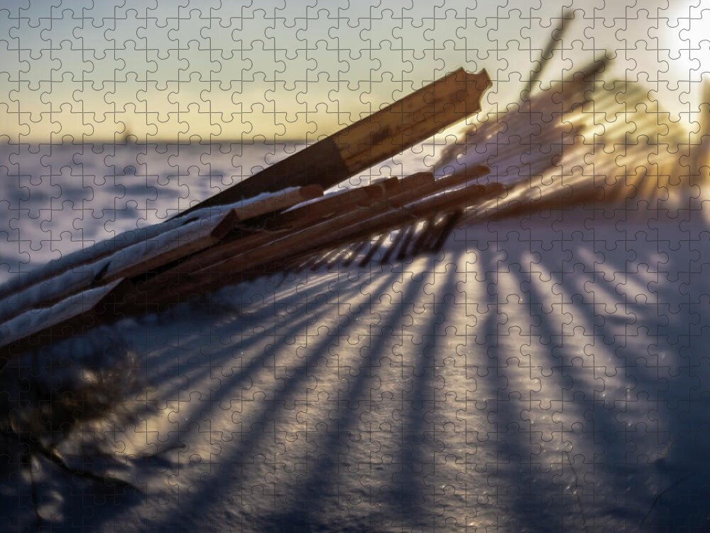 Winter Jigsaw Puzzle featuring the photograph Winter dunes fence at sunrise by Sven Brogren