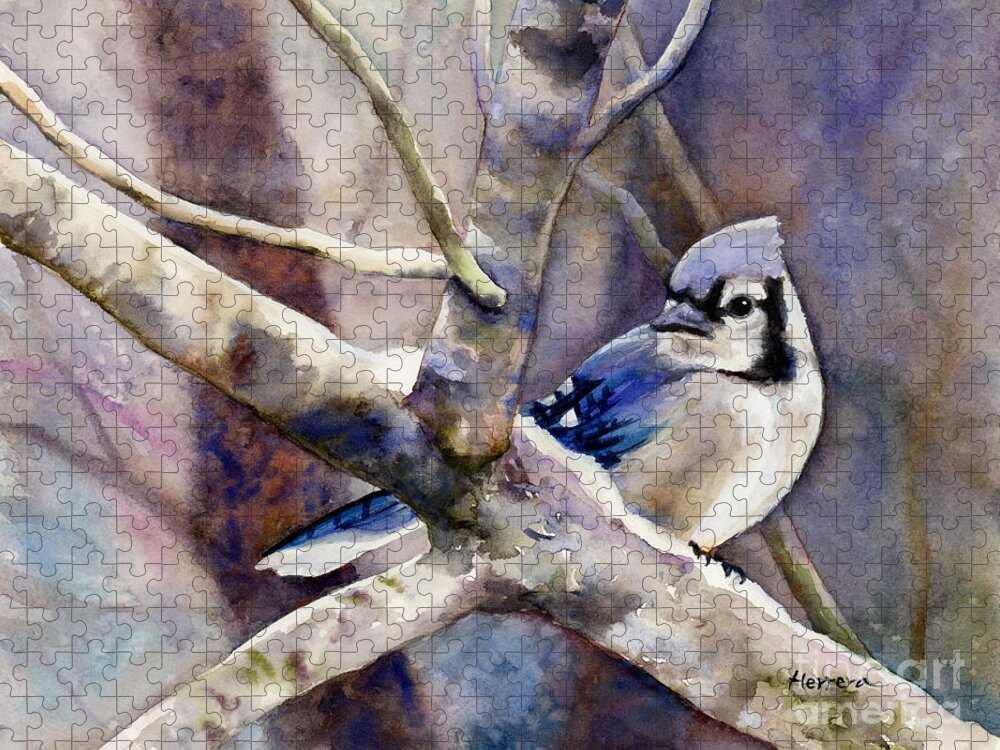 Blue Jay Jigsaw Puzzle featuring the painting Winter Jay by Hailey E Herrera