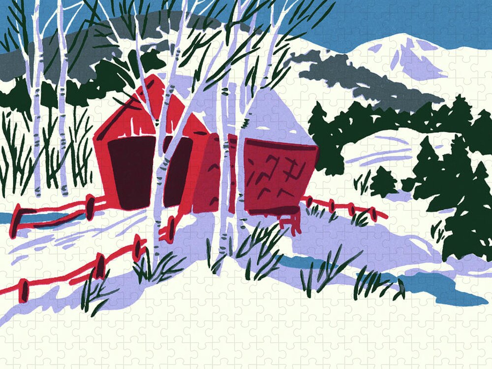 Across Jigsaw Puzzle featuring the drawing Winter Scene of a Covered Bridge by CSA Images
