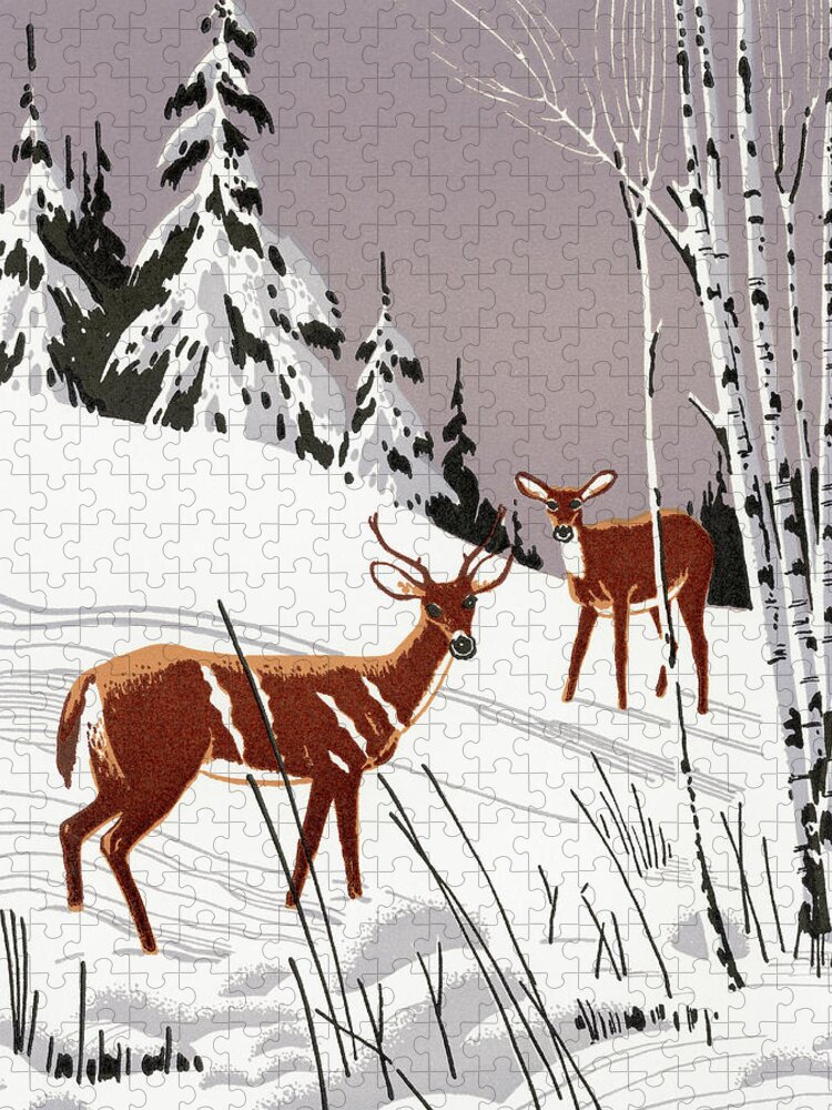 Animal Jigsaw Puzzle featuring the drawing Winter Scene of Deer in the Woods by CSA Images