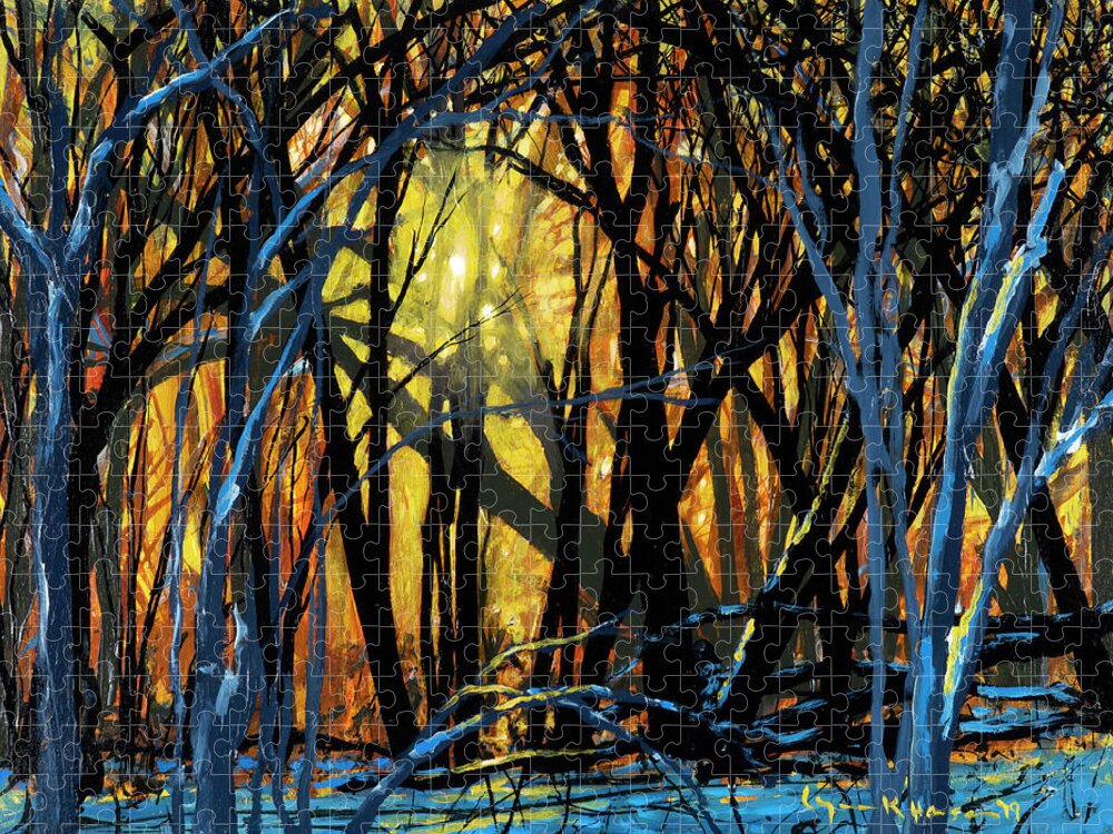 Winter Jigsaw Puzzle featuring the painting Winter Sunset in the Forest by Lynn Hansen