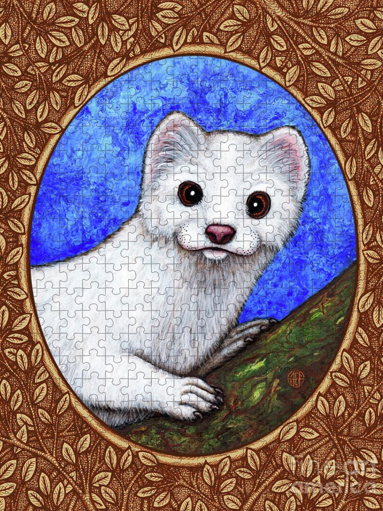 Animal Portrait Jigsaw Puzzle featuring the painting Winter Weasel Portrait - Brown Border by Amy E Fraser
