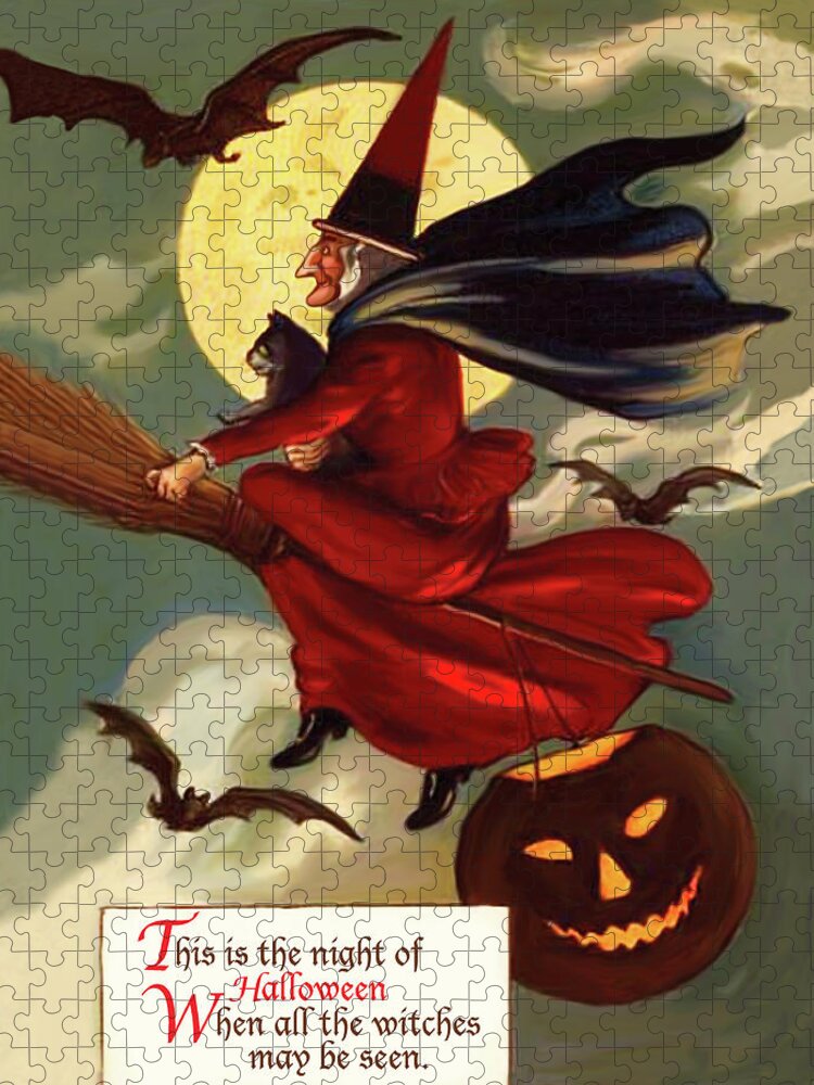 Witch Jigsaw Puzzle featuring the digital art Witch is flying on a broom by Long Shot