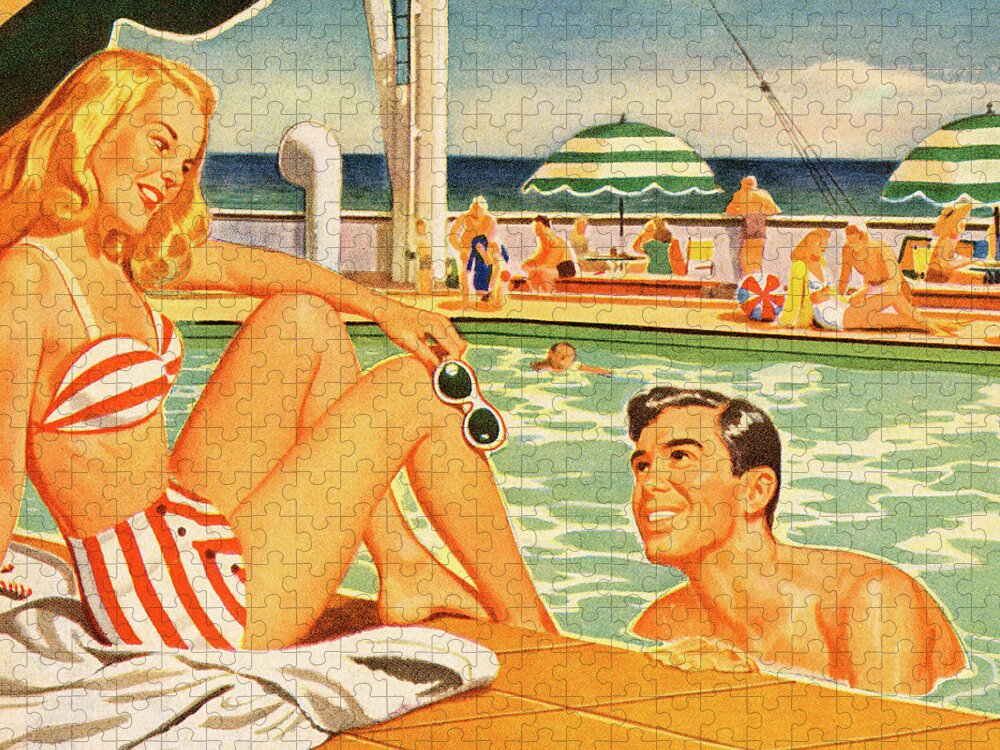 Bathing Suit Jigsaw Puzzle featuring the drawing Woman and Man Flirting at the Pool by CSA Images