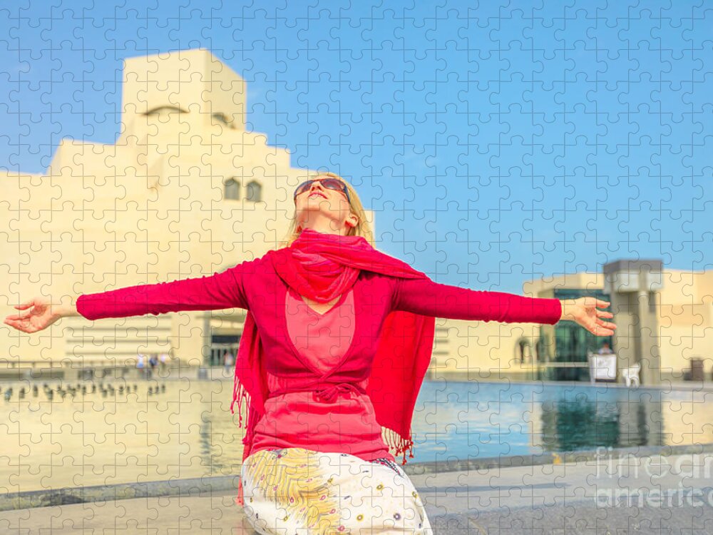 Doha Jigsaw Puzzle featuring the photograph Woman at Doha museum by Benny Marty