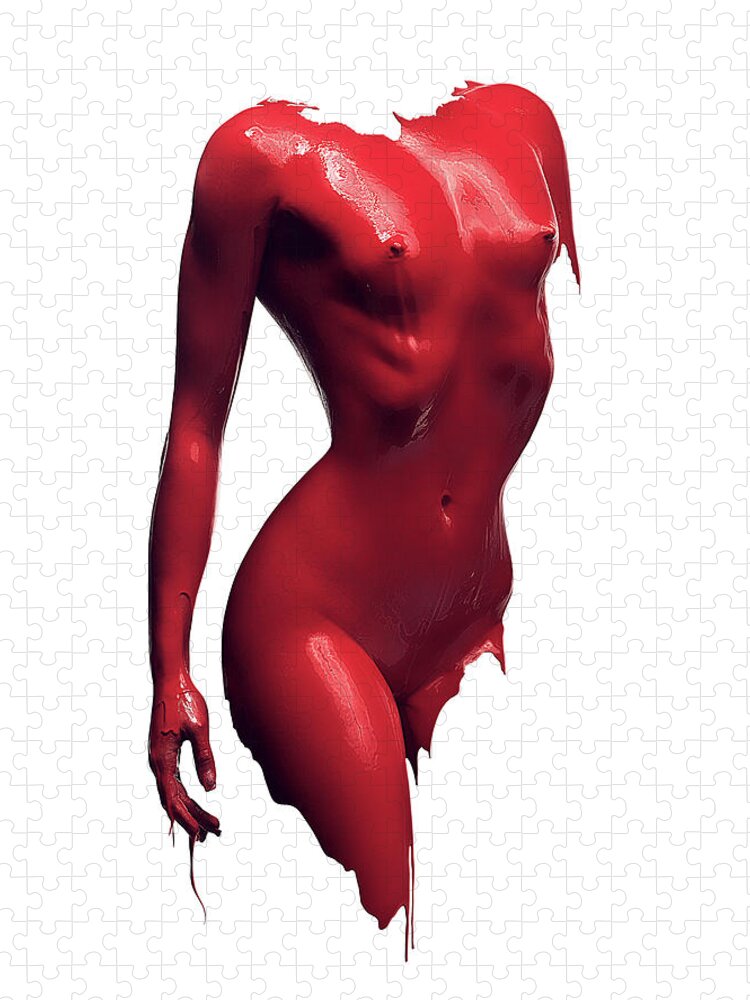 Woman Puzzle featuring the photograph Woman body red paint by Johan Swanepoel