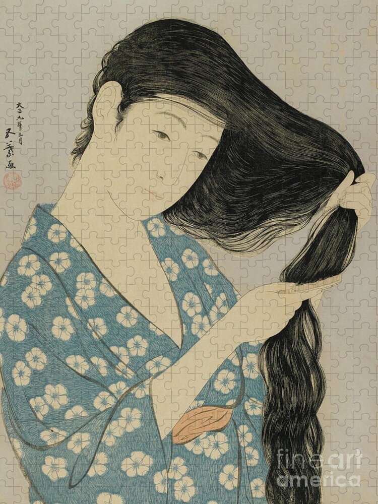 Brush Jigsaw Puzzle featuring the painting Woman Combing Her Hair, Taisho era, March 1920 by Goyo Hashiguchi