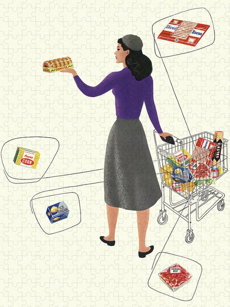 Adult Jigsaw Puzzle featuring the drawing Woman Grocery Shopping by CSA Images