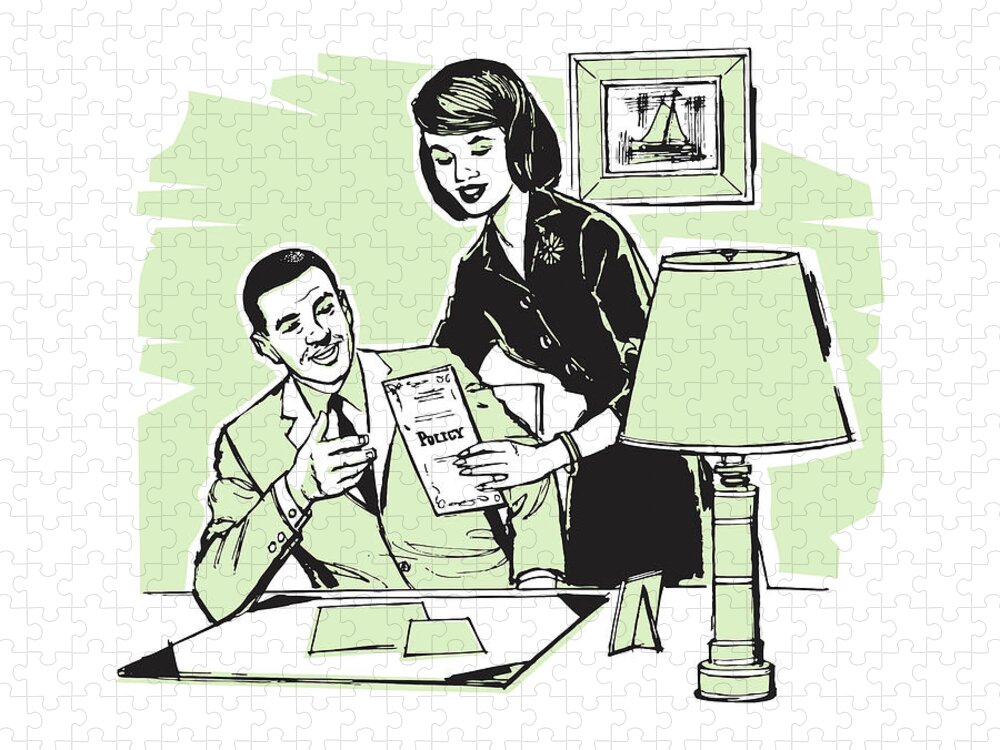 Accountant Jigsaw Puzzle featuring the drawing Woman Handing Man at Desk a Policy by CSA Images