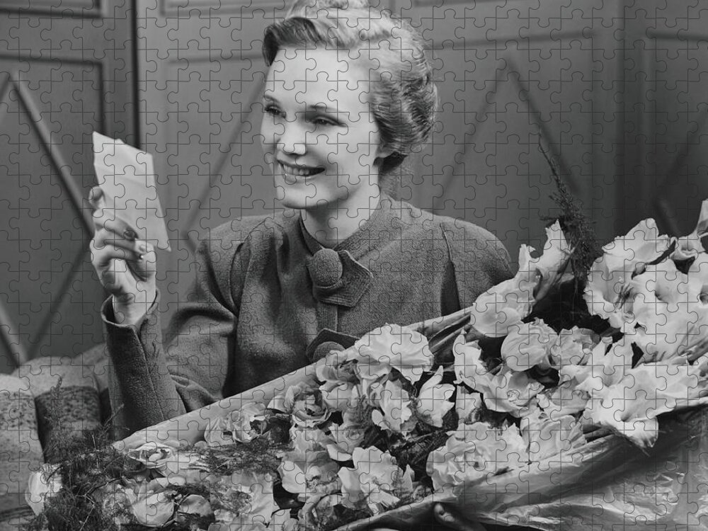 People Jigsaw Puzzle featuring the photograph Woman Holding Flower Arrangement by George Marks