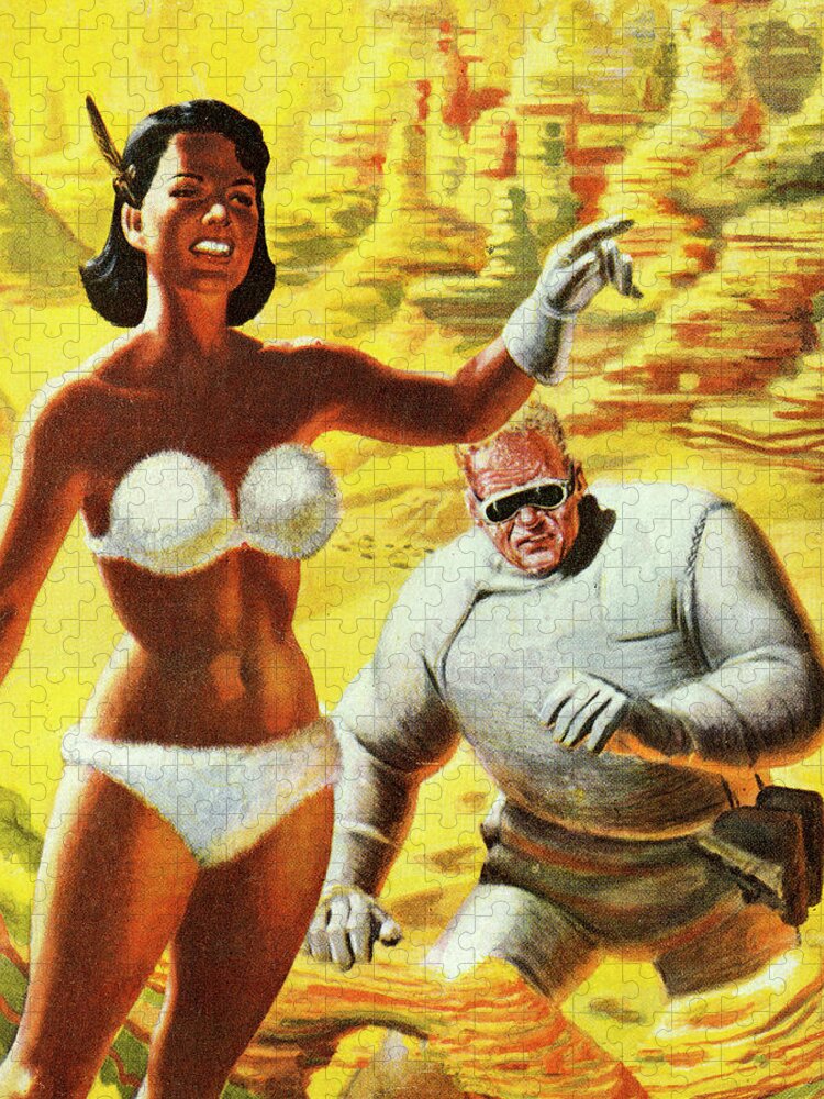 Adult Jigsaw Puzzle featuring the drawing Woman in Bikini Leading Spaceman by CSA Images
