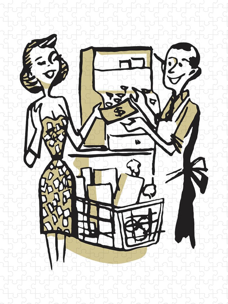 Adult Jigsaw Puzzle featuring the drawing Woman in Strapless Dress Buying Groceries by CSA Images