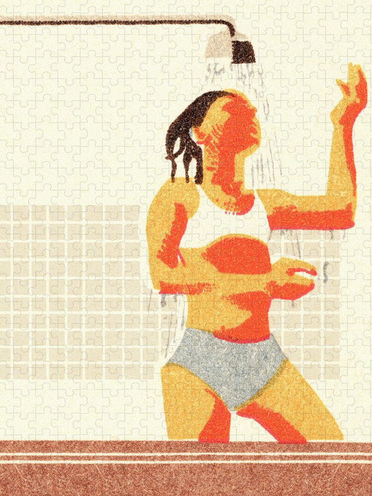 Adult Jigsaw Puzzle featuring the drawing Woman in the shower by CSA Images