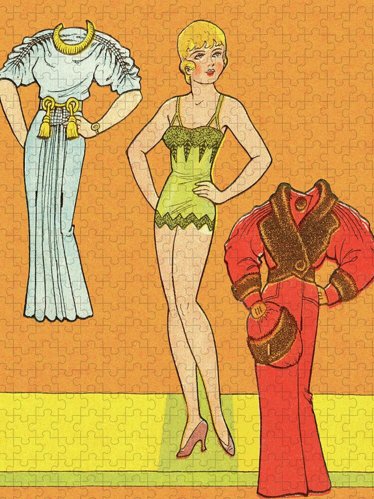 Adult Jigsaw Puzzle featuring the drawing Woman in underwear with dresses by CSA Images