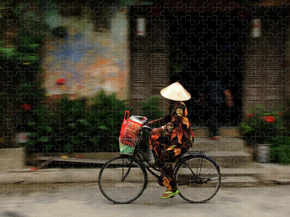 Mature Adult Jigsaw Puzzle featuring the photograph Woman On Bicycle, Hoi An, Vietnam by Jeremy Horner