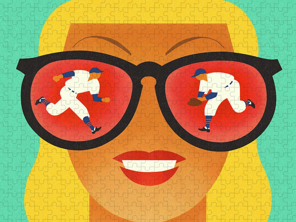 Accessories Jigsaw Puzzle featuring the drawing Woman Seeing Baseball Players in Her Glasses by CSA Images