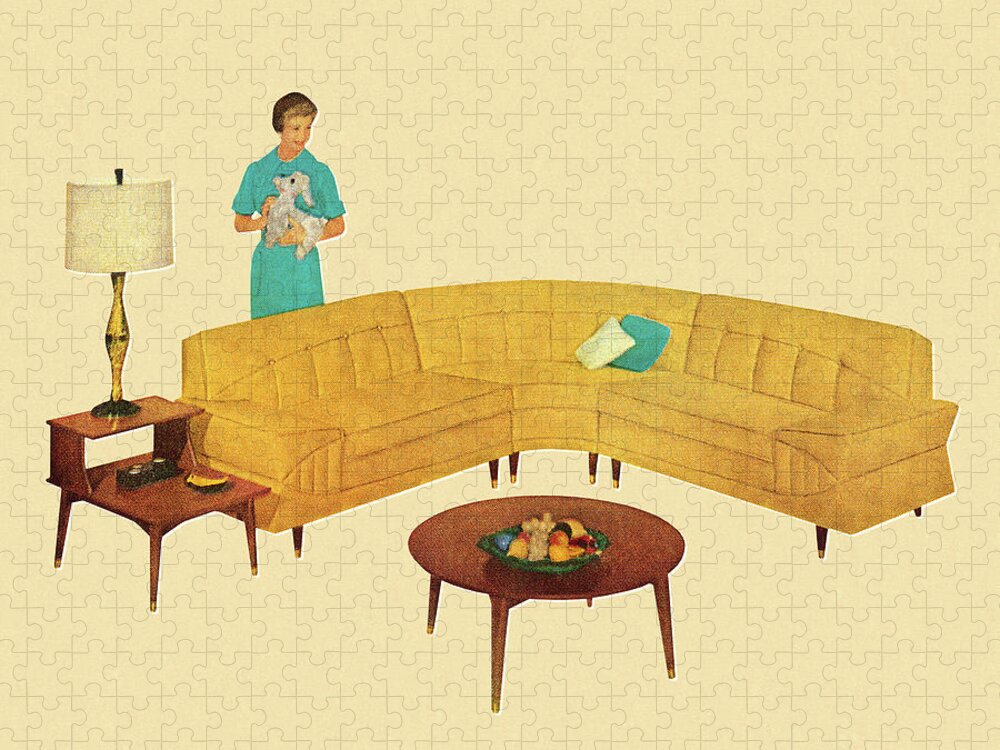 Adult Jigsaw Puzzle featuring the drawing Woman Standing Behind Curved Yellow Couch by CSA Images