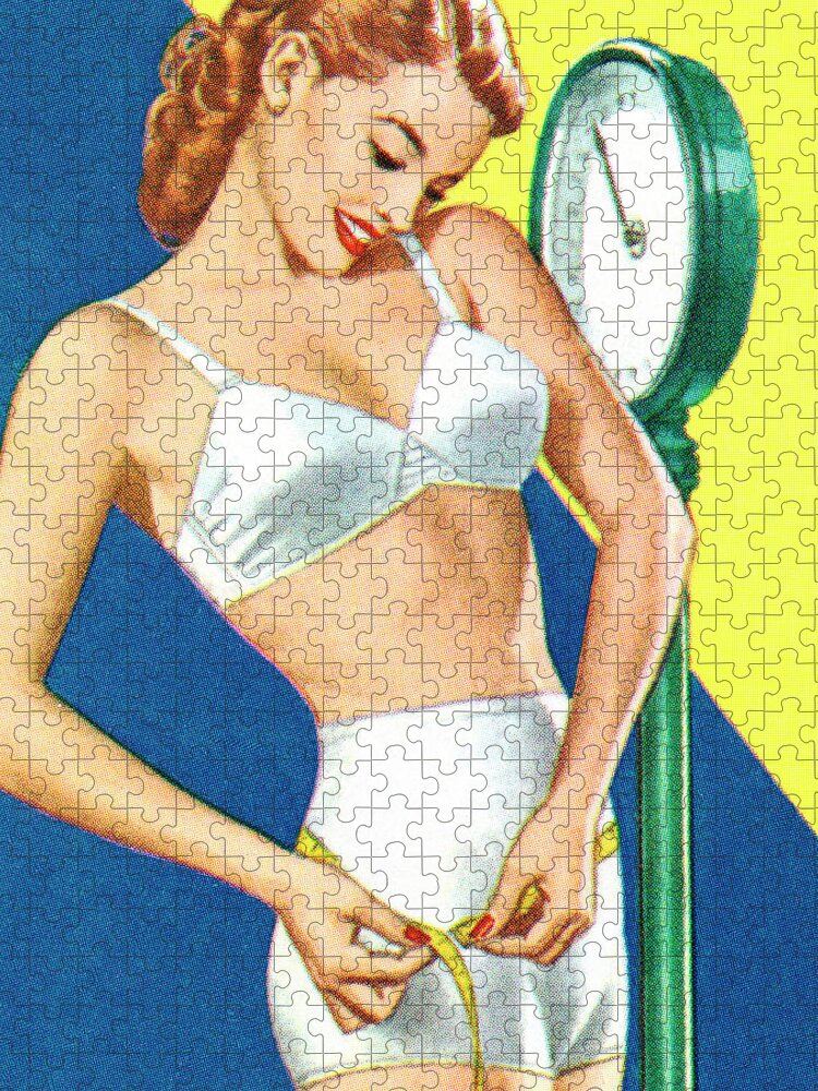Adult Jigsaw Puzzle featuring the drawing Woman Standing on a Scale by CSA Images
