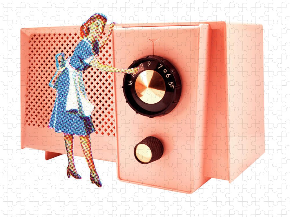 Appliance Jigsaw Puzzle featuring the drawing Woman Tuning Large Pink Radio by CSA Images