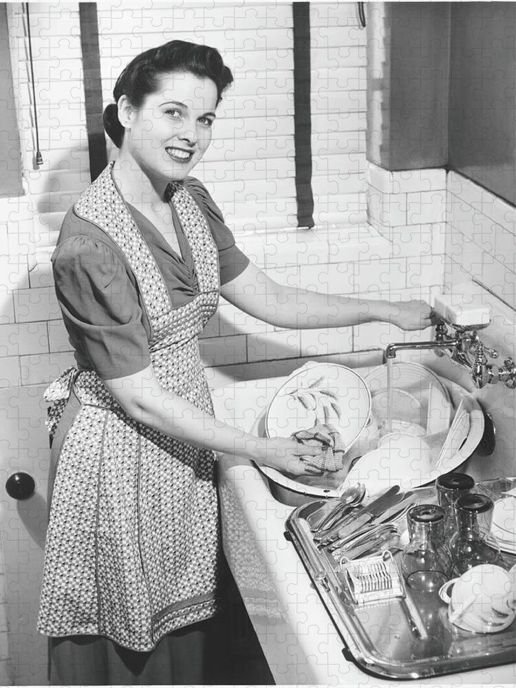 Woman Washing Dishes In Kitchen Sink Jigsaw Puzzle by George Marks ...