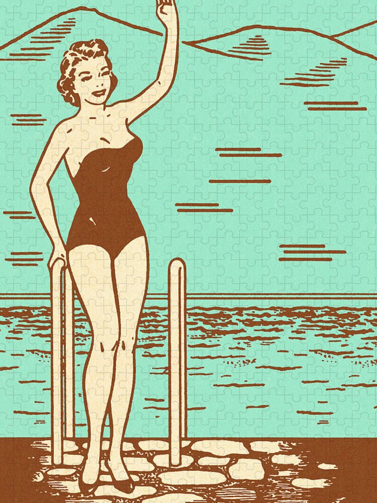 Adult Jigsaw Puzzle featuring the drawing Woman Waving by the Side of a Pool by CSA Images