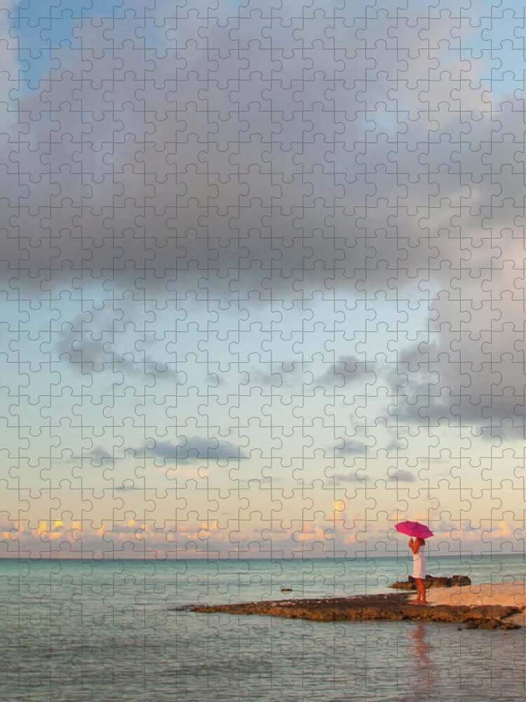Water's Edge Jigsaw Puzzle featuring the photograph Woman With Pink Umbrella by Chasing Light Photography Thomas Vela