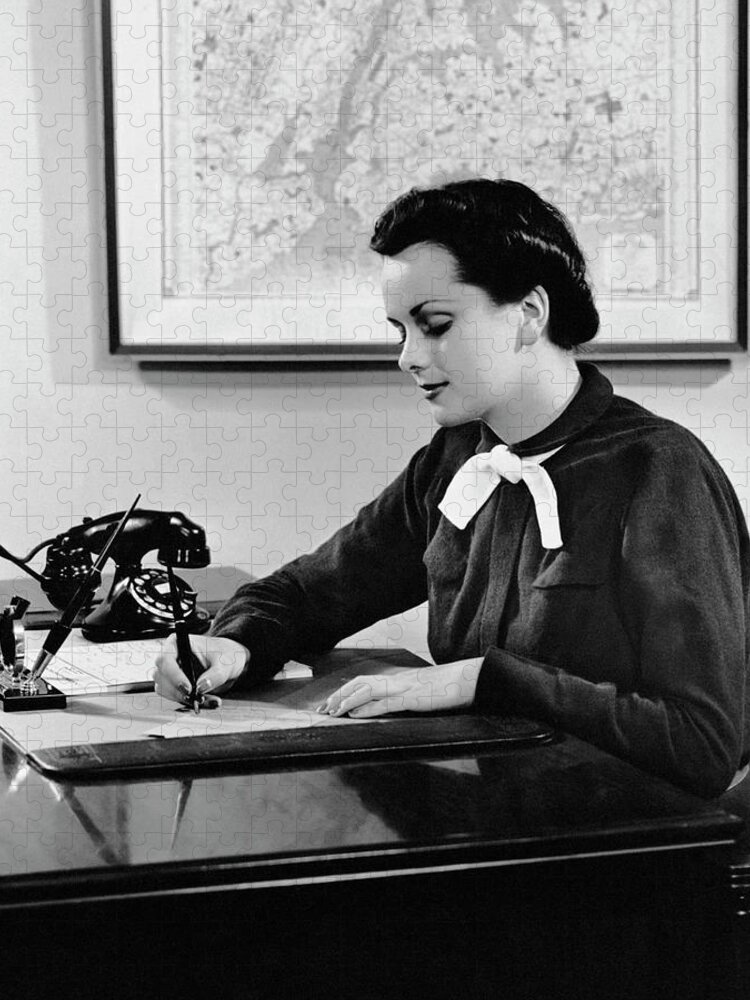 Corporate Business Jigsaw Puzzle featuring the photograph Woman Writing At Desk by George Marks