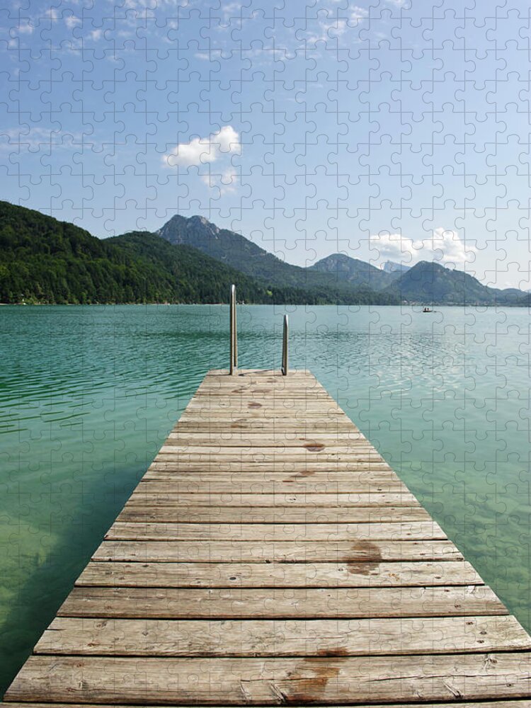 Tranquility Jigsaw Puzzle featuring the photograph Wooden Jetty Out To Lake Fuschl by Buero Monaco
