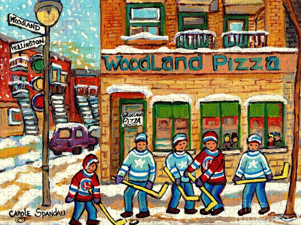 Restaurant Woodland Jigsaw Puzzle featuring the painting Woodland Pizza Rue Wellington Verdun Montreal Fine Art Hockey Painting C Spandau Winter Scene Artist by Carole Spandau