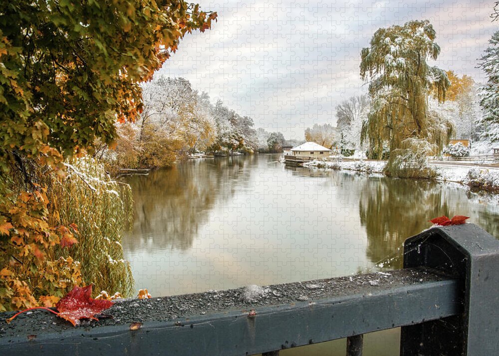 Yahara Jigsaw Puzzle featuring the photograph Yahara Splendor - Early snowfall on trees at Yahara still with fall colors by Peter Herman
