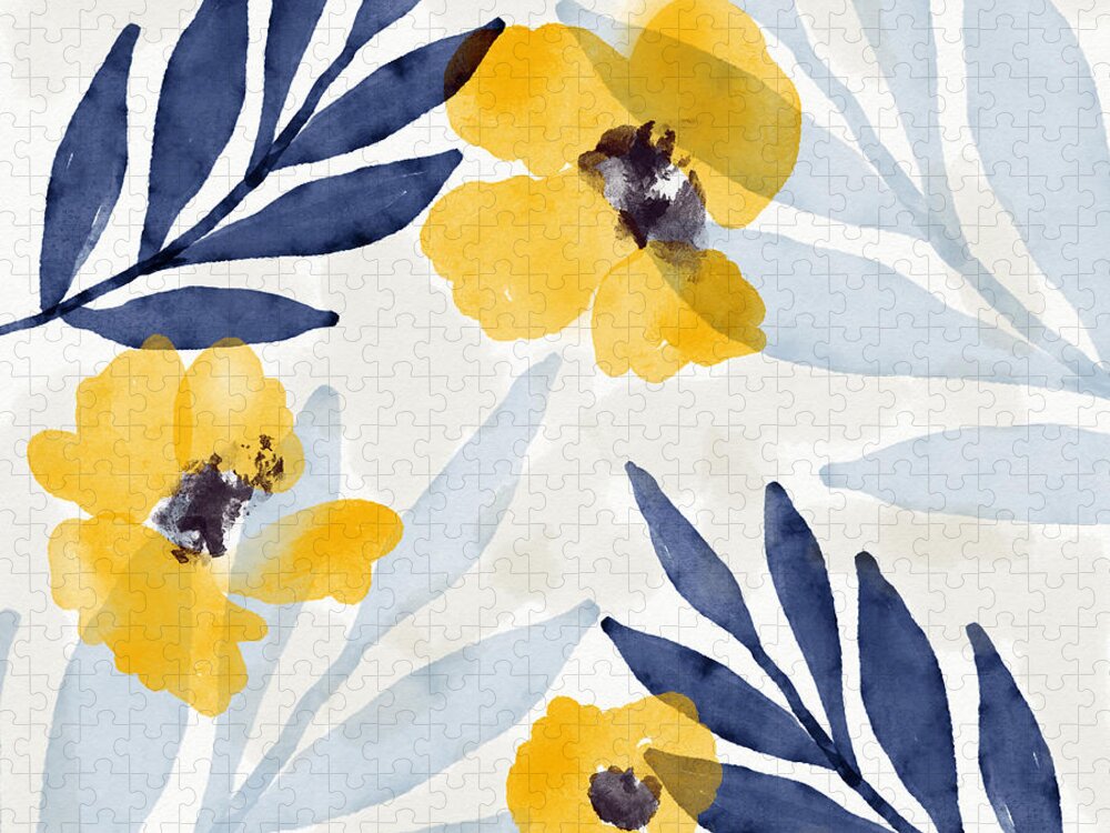 Flowers Puzzle featuring the mixed media Yellow and Navy 1- Floral Art by Linda Woods by Linda Woods