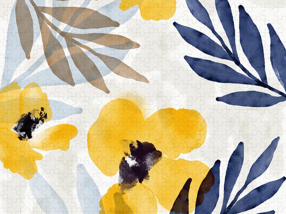 Flowers Jigsaw Puzzle featuring the mixed media Yellow and Navy 3- Floral Art by Linda Woods by Linda Woods