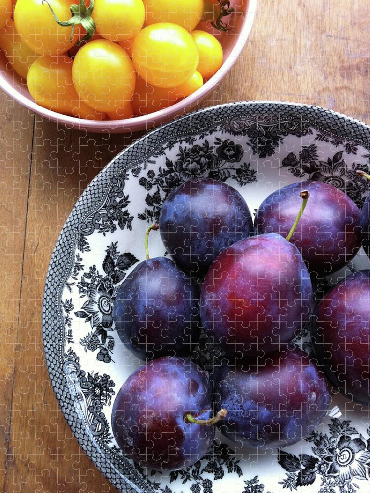 Plum Jigsaw Puzzle featuring the photograph Yellow Cherry Tomatoes And Plums by Laura Johansen