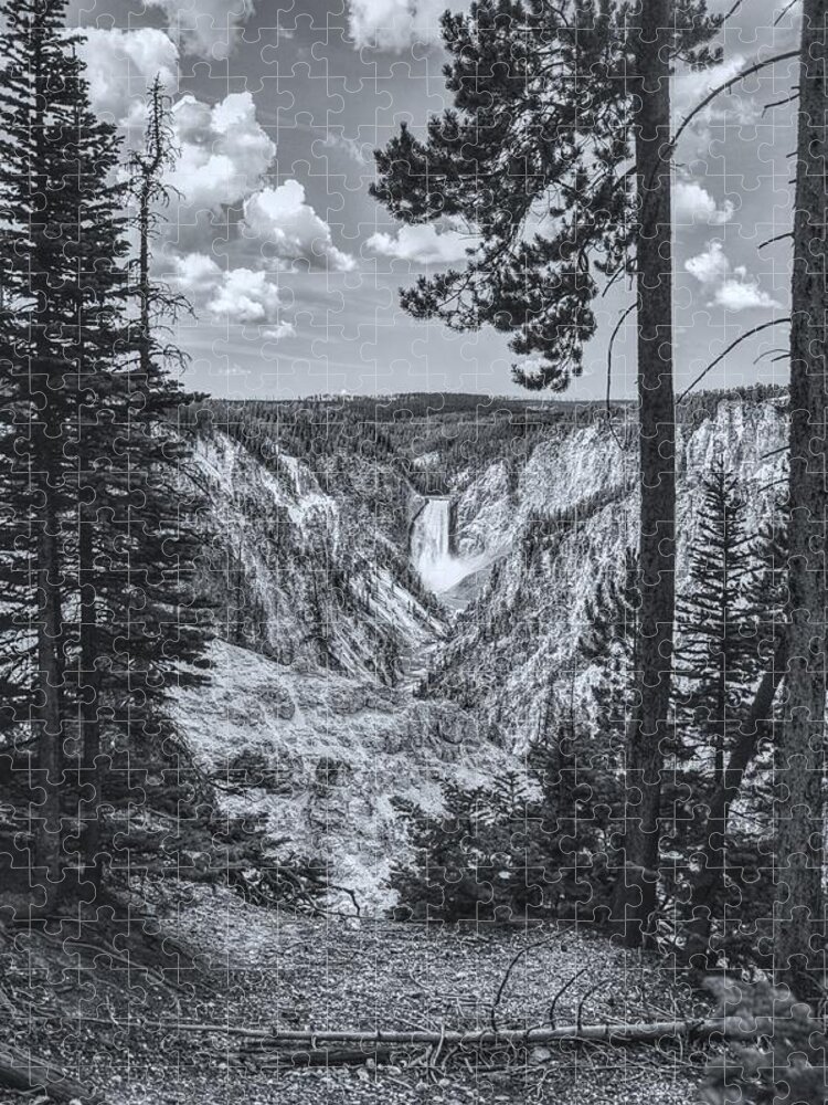 Yellowstone Jigsaw Puzzle featuring the photograph Yellowstone Falls Black and White by Chance Kafka