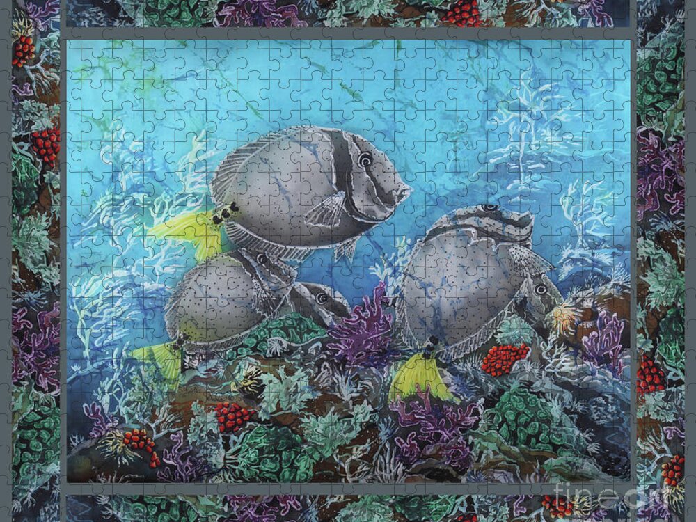 Yellowtail Surgeonfish Jigsaw Puzzle featuring the painting Yellowtail Surgeonfish Bordered by Sue Duda