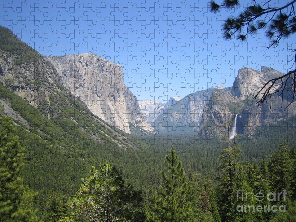 Yosemite Jigsaw Puzzle featuring the photograph Yosemite National Park Yosemite Valley Bridal Veil Falls View with Half Dome and El Capitan by John Shiron