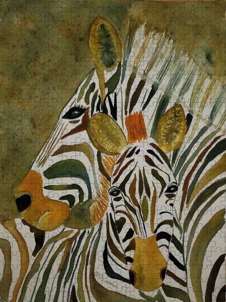 Zebra Jigsaw Puzzle featuring the painting Zebra Jungle by Ann Frederick