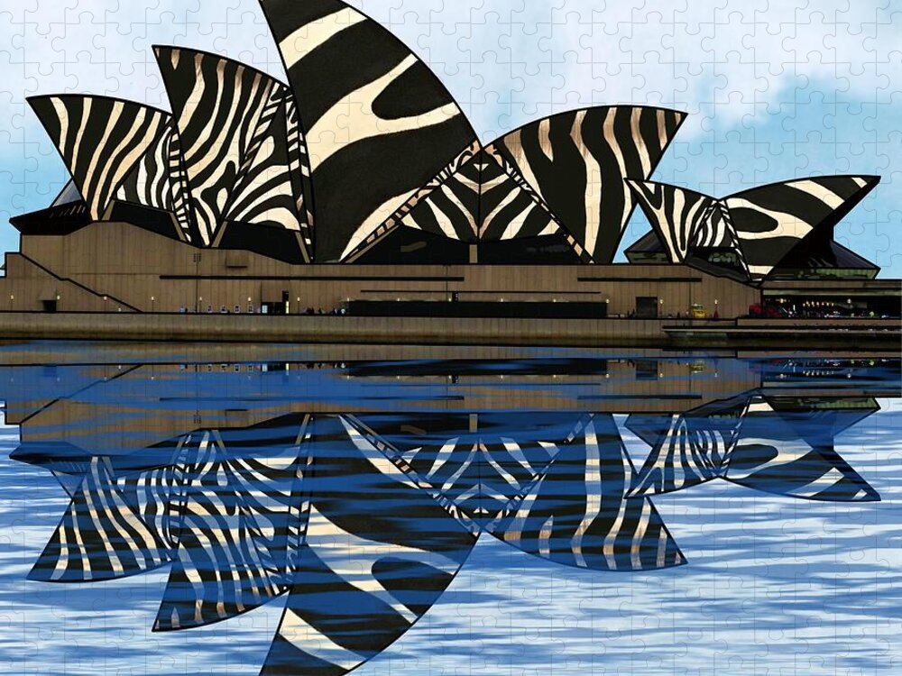 Sydney Opera House Jigsaw Puzzle featuring the mixed media Zebra Opera House 4 by Joan Stratton