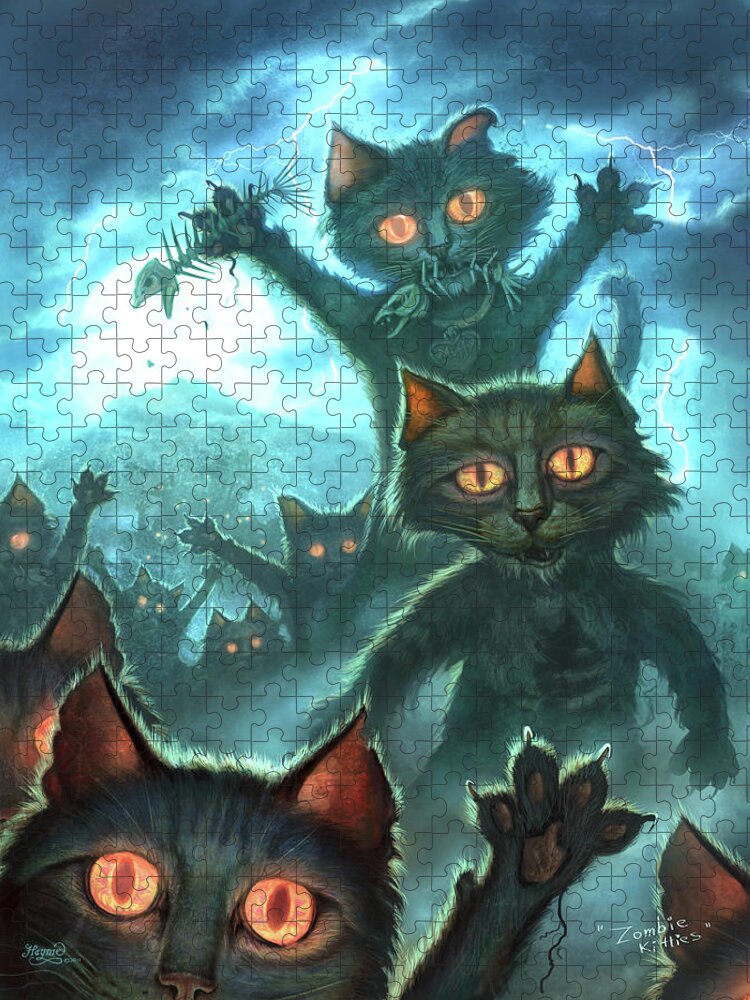 Cat Jigsaw Puzzle featuring the painting Zombie Cats by Jeff Haynie
