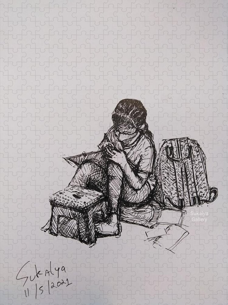 Student Jigsaw Puzzle featuring the drawing A Student #1 by Sukalya Chearanantana