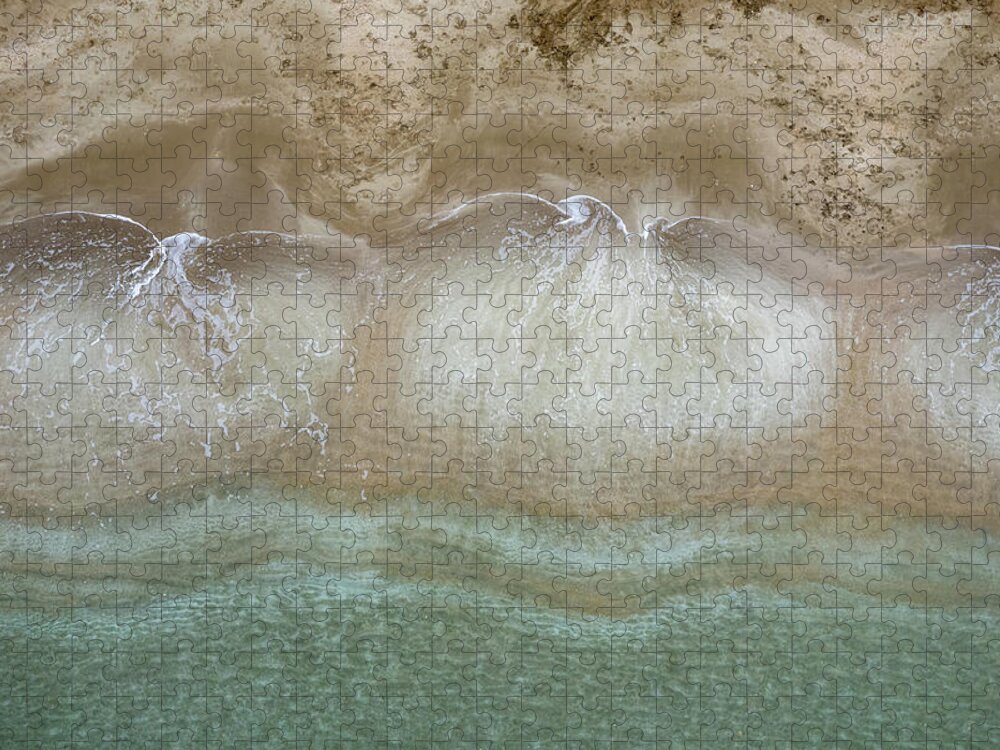Golden Sand Jigsaw Puzzle featuring the photograph Aerial view drone of empty tropical sandy beach with golden sand. Seascape background by Michalakis Ppalis