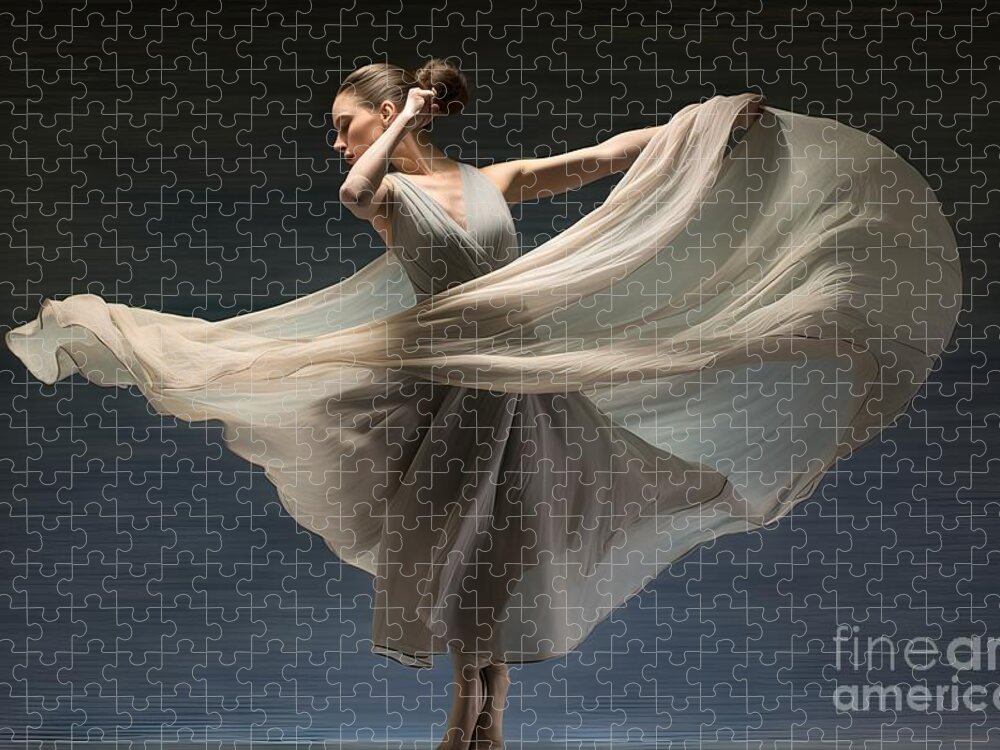 Ballerina Jigsaw Puzzle featuring the painting Ballerina Dancing with Silk Fabric, Modern Ballet Dancer in Fluttering Waving Cloth, Pointe Shoes, Gray Background #1 by N Akkash