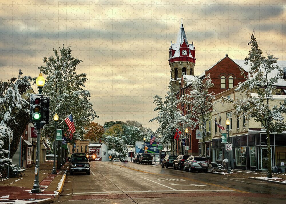 Stoughton Jigsaw Puzzle featuring the photograph Beautiful Bedazzled Burg - Stoughton Wisconsin dusted with snow with fall colors still showing by Peter Herman
