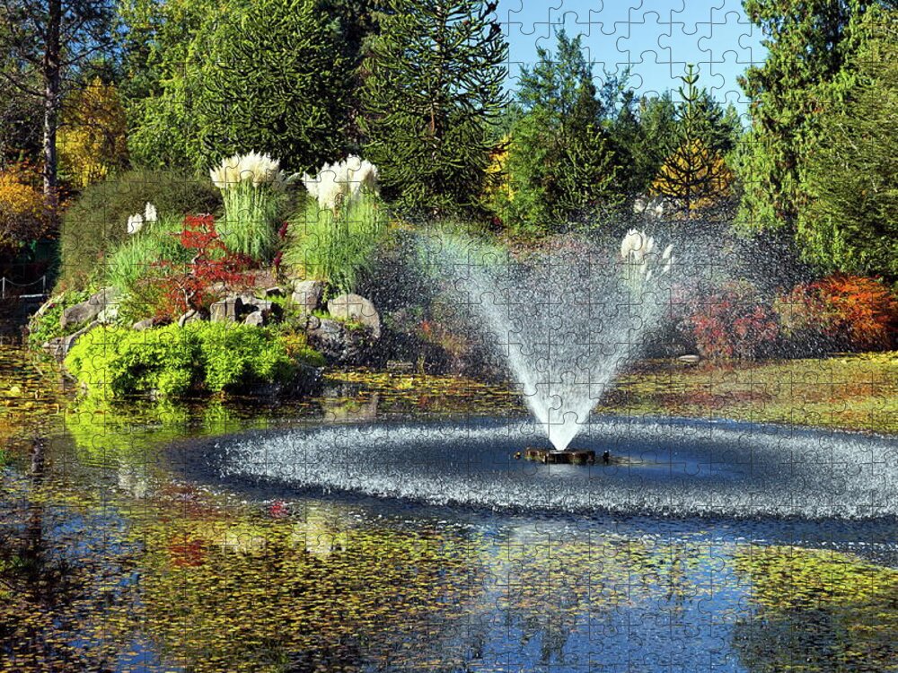 Alex Lyubar Jigsaw Puzzle featuring the photograph Beautiful pond with fountain #1 by Alex Lyubar
